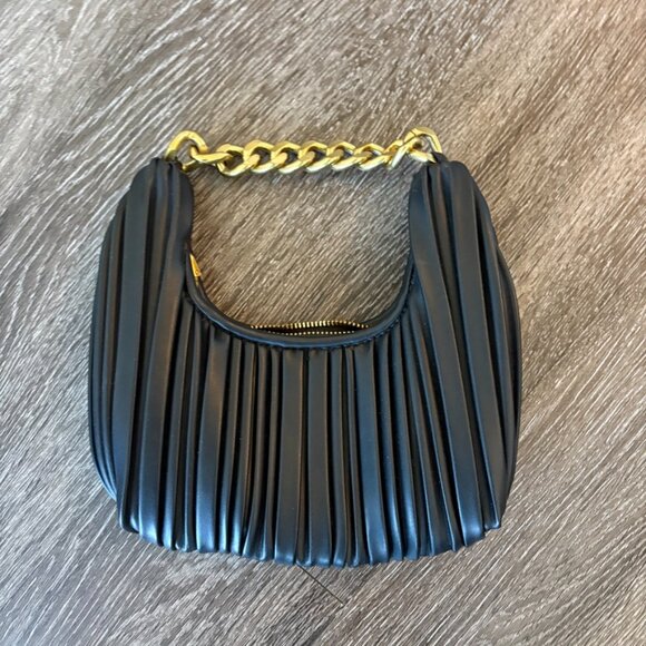 Madison West Black Pleated Shoulder Bag with Gold Chain Handle USED - Picture 2 of 5